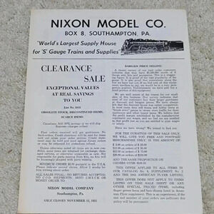 1955 Nixon Model Company Sale Flyer Southampton Pennsylvania Railroad S Gauge
